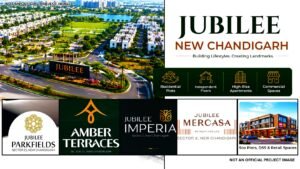 Promotional collage for Jubilee New Chandigarh featuring an aerial view, brand logo, and icons for Residential Plots, Independent Floors, High-Rise Apartments, and Commercial Spaces.